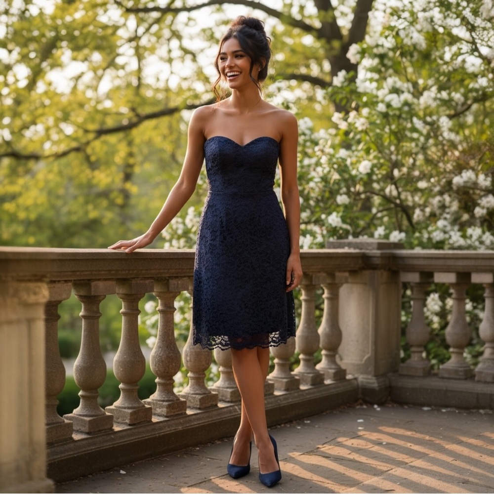 David's Bridal Strapless Lacy Navy Dress. NWT Size 10 Formal Prom Dance